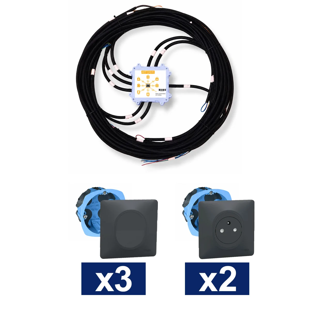 KEO Kit pieuvre électrique dégagement, WC et cellier avec appareillage SCHNEIDER Ovalis anthracite - 3 interrupteurs + 2 prises 2P+T + 2 DCL