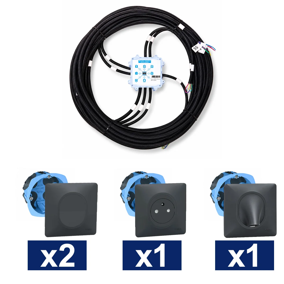 KEO Kit pieuvre électrique salle de bain avec appareillage SCHNEIDER Ovalis anthracite - 2 interrupteurs + 1 prise 2P+T + 1 sortie de câble + 2 DCL