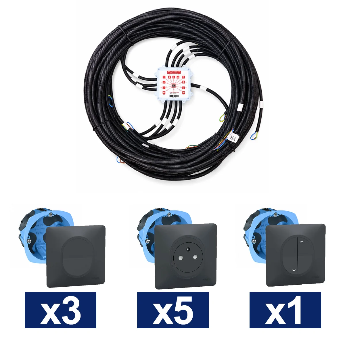KEO Kit pieuvre électrique salon et séjour SCHNEIDER Ovalis anthracite - 3 inter. + 5 prises 2P+T + 1 VR ou convecteur + 2 DCL