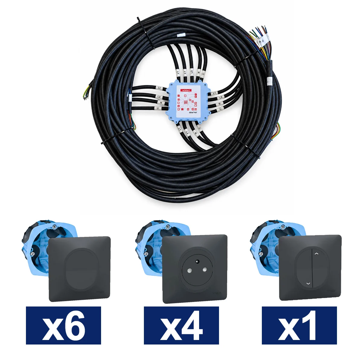 KEO Kit pieuvre électrique suite parentale SCHNEIDER Ovalis anthracite - 6 inter. + 4 prises 2P+T + 1 VR + 4 DCL + 2 sorties câble