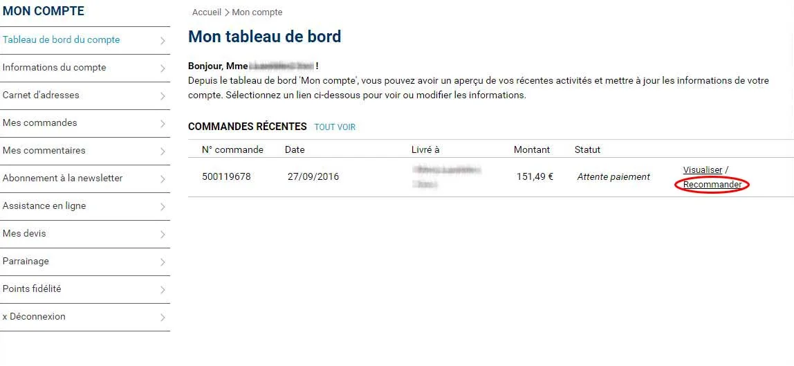 Commande en attente de paiement Reprendre la procédure de paiement d'une commande en attente de paiement.
