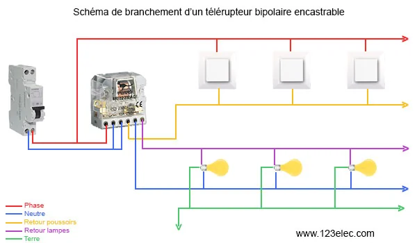 Sch&eacute;ma de branchement d'un t&eacute;l&eacute;rupteur encastr&eacute;