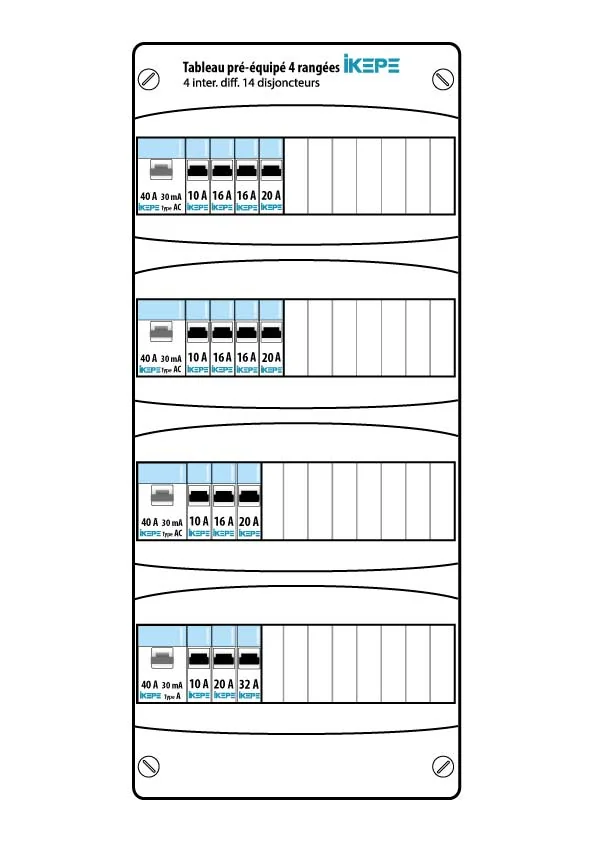 Schéma tableau électrique IKEPE 1 rangée 1ID 40A 6 disjoncteurs