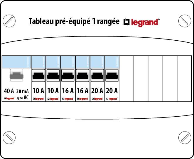 Schéma tableau électrique LEGRAND 1 rangée 1ID 40A 6 disjoncteurs