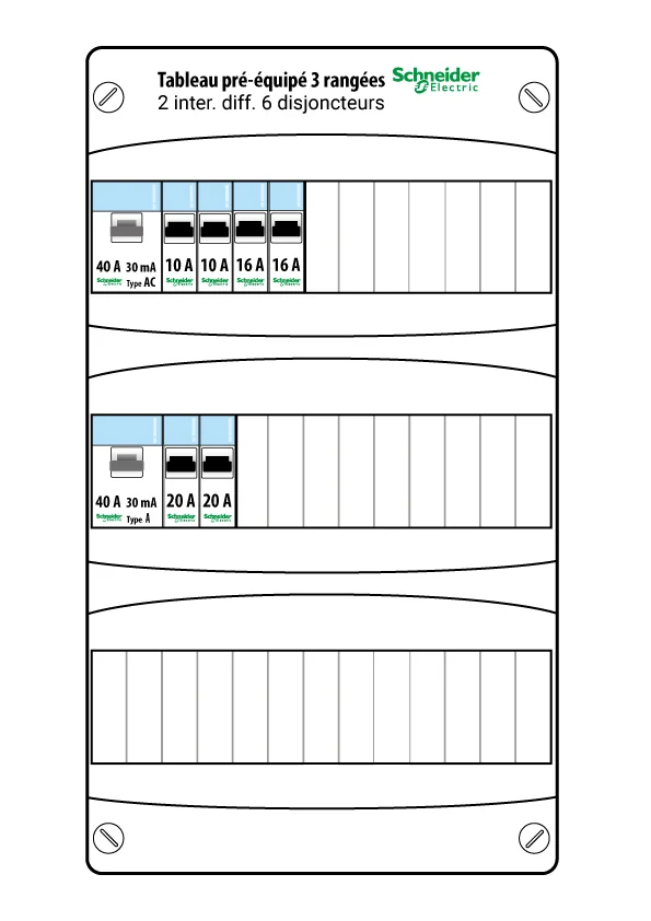 Schéma tableau électrique Schneider prééquipé 3 rangées