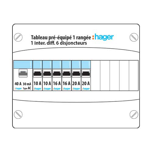 Schéma tableau électrique Hager 1 rangée 1ID 40A 6 disjoncteurs