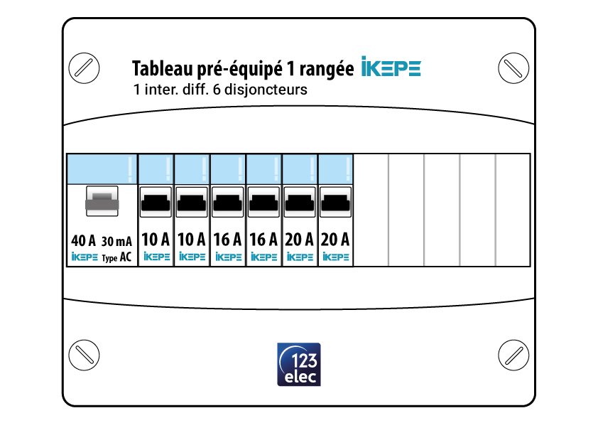 Schéma tableau électrique IKEPE 1 rangée 1ID 40A 6 disjoncteurs