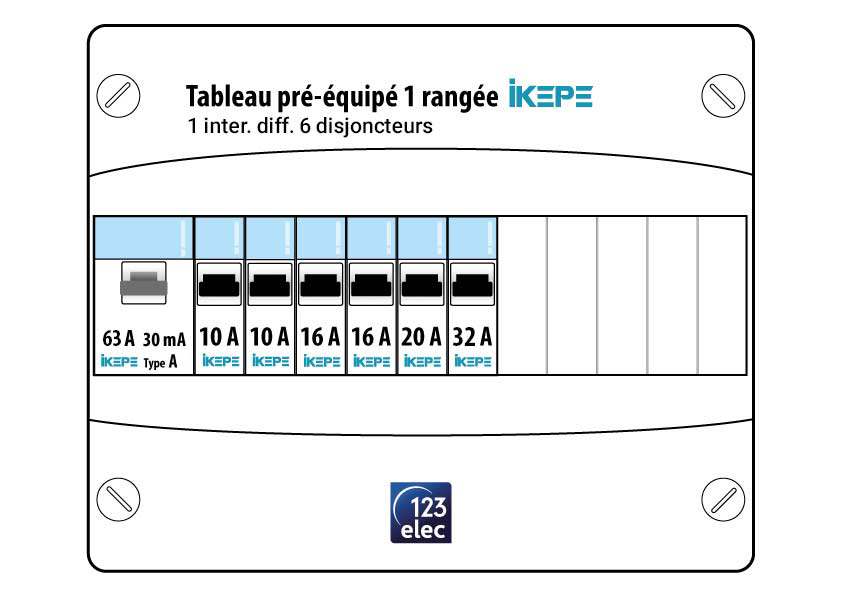 Schéma tableau électrique IKEPE 1 rangée 1ID 40A 6 disjoncteurs