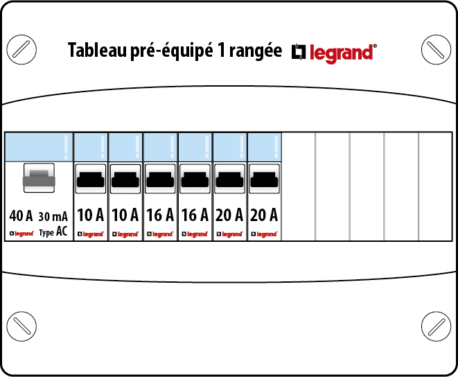 Schéma tableau électrique LEGRAND 1 rangée 1ID 40A 6 disjoncteurs
