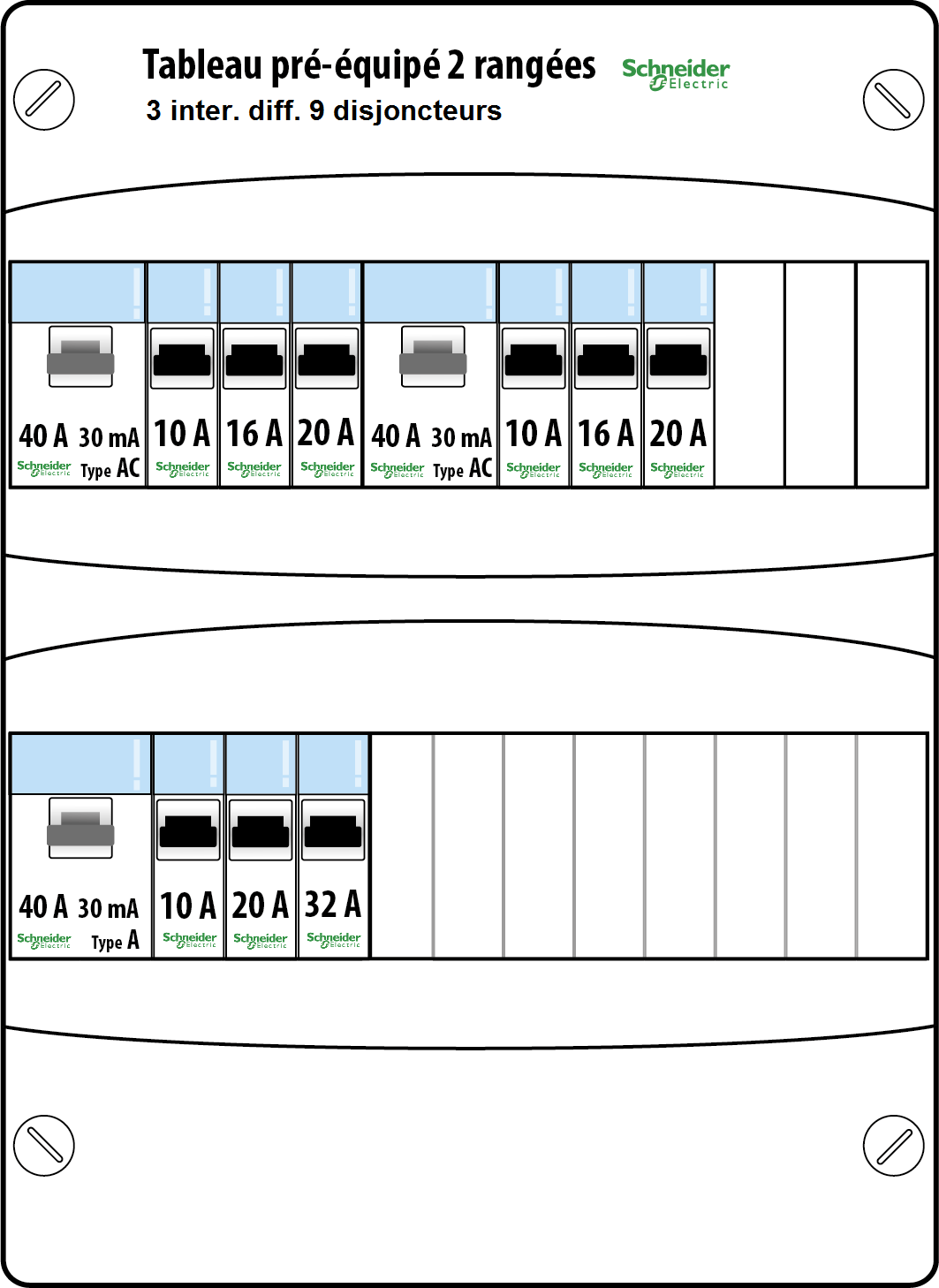 Schéma tableau électrique Schneider prééquipé 2 rangées