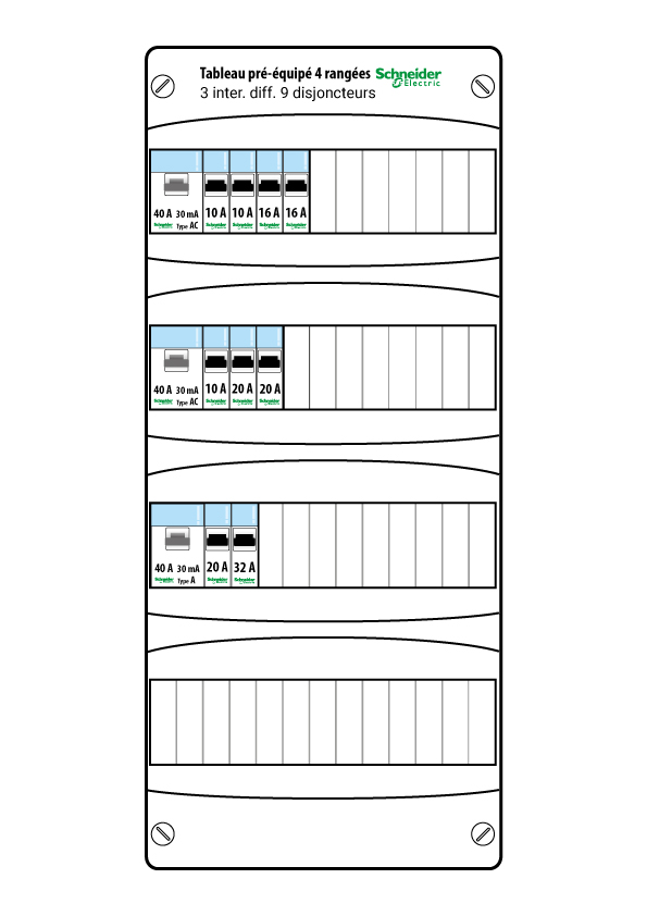 Schéma tableau électrique Schneider prééquipé 4 rangées