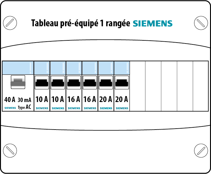 Schéma tableau électrique SIEMENS 1 rangée 1ID 40A 6 disjoncteurs