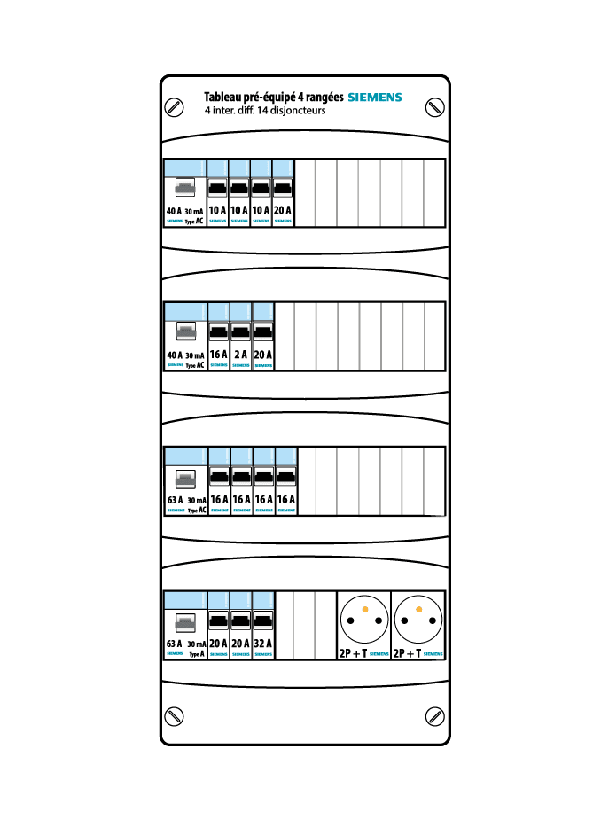 SIEMENS- Tableau 4 rangées pré-équipé 4 inter. diff. 63A + 22 disjoncteurs