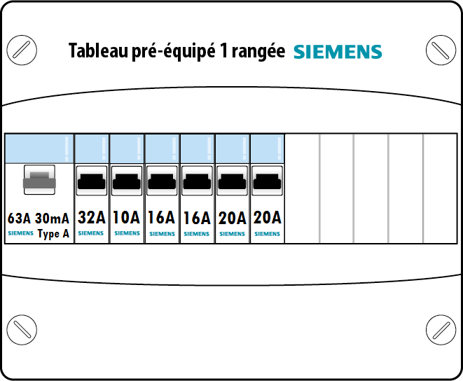 Schéma tableau électrique SIEMENS 1 rangée 1ID 63A 6 disjoncteurs