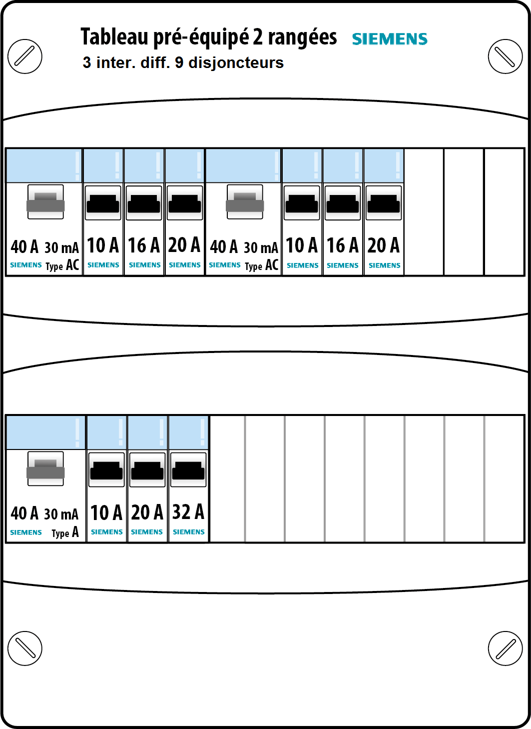 Schéma tableau électrique SIEMENS 3 rangée 3ID 63A 12 disjoncteurs